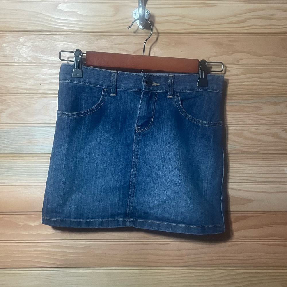Est.1989 Place Girls Jean A-Line Skirt Blue w/Adj Waist Strap Pockets Size 10